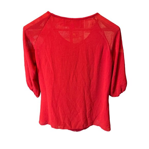 American Glamour Badgley Mischka Red Romantic Ruffle Puff Sleeve Top Sz S - Picture 2 of 8